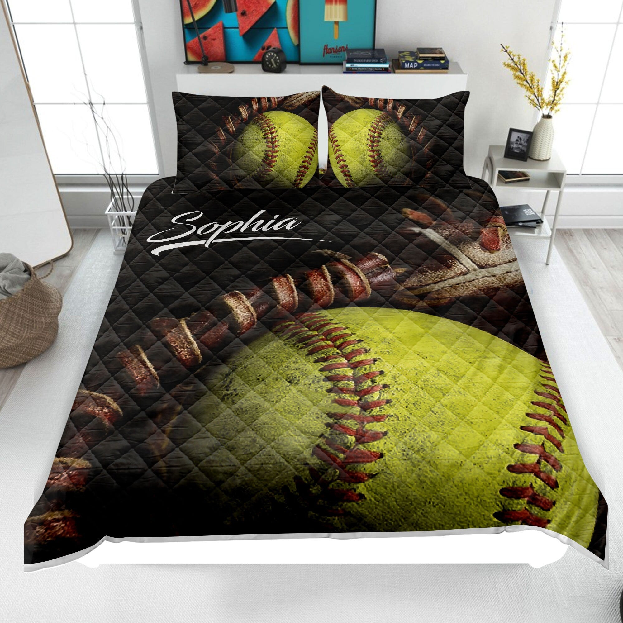 Personalized Softball Quilt Bedding Set, Softball Ball Glove Quilt Blanket & Pillowcases, Custom Name Duvet Cover Set, Gift for Mom, Daughter, Kid