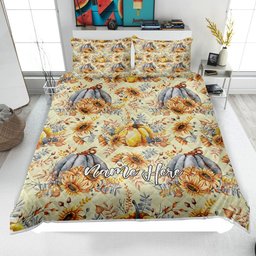 Personalized Autumn Quilt Bedding Set, Autumn Pumpkin Quilt Blanket & Pillowcase, Custom Name Duvet Cover Set, Fall Leaves Bedspread, Autumn Gift
