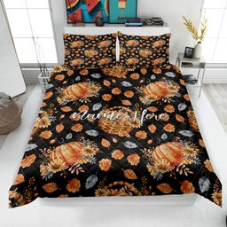 Personalized Autumn Quilt Bedding Set, Autumn Pumpkin Quilt Blanket & Pillowcase, Custom Name Duvet Cover Set, Fall Leaves Bedspread, Autumn Gift