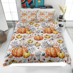 Personalized Autumn Quilt Bedding Set, Autumn Pumpkin Quilt Blanket & Pillowcase, Custom Name Duvet Cover Set, Fall Leaves Bedspread, Autumn Gift