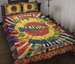 Personalized Hippie Quilt Bedding Set, Sunflower Peace Sign Hippie Trippy Quilt Blanket With Pillowcases, Custom Name Duvet Cover Set