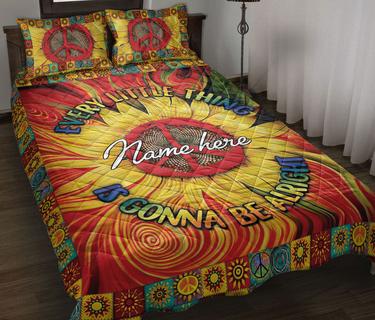 Personalized Hippie Quilt Bedding Set, Sunflower Peace Sign Hippie Trippy Quilt Blanket With Pillowcases, Custom Name Duvet Cover Set