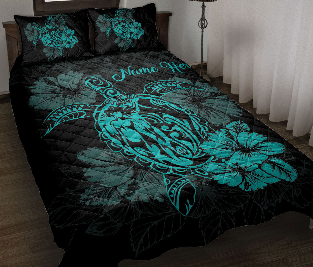Personalized Turtle Quilt Bedding Set, Turtle Blue Hibisc USFlower Floral Polynesia Quilt Blanket With Pillowcases, Custom Name Duvet Cover Set