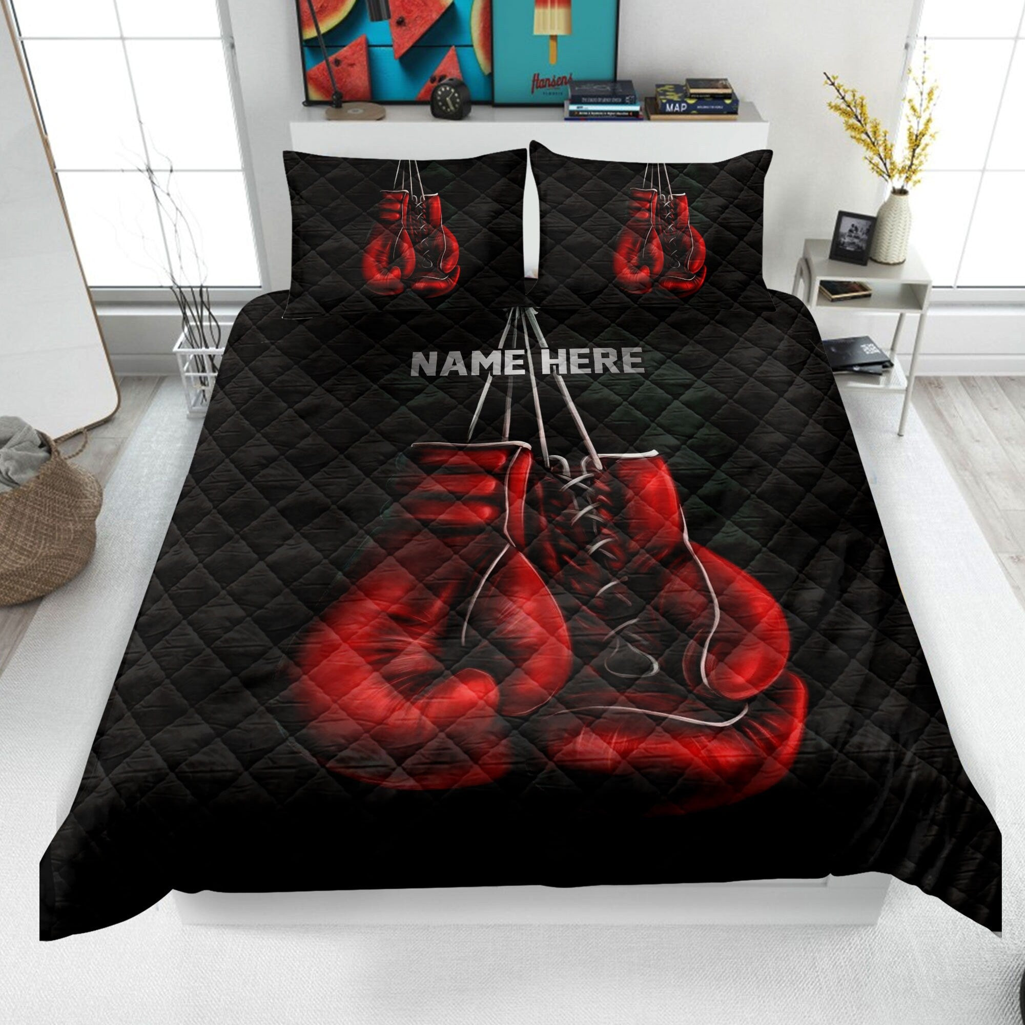 Personalized Boxing Quilt Bedding Set, Boxing Gloves Quilt Blanket & Pillowcases, Custom Name Duvet Cover Set, Gift for Dad, Husband, Boyfriend