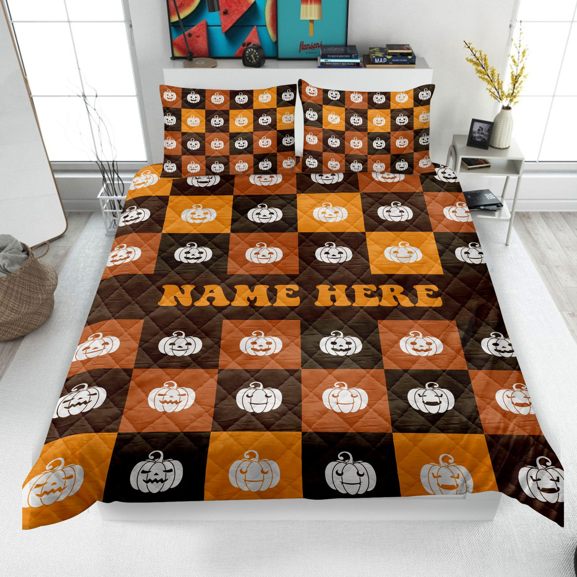 Personalized Pumpkin Quilt Bedding Set, Halloween Pumpkin Quilt Blanket & Pillowcase, Custom Name Duvet Cover Set, Halloween Gift, Gothic Gifts