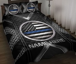 Personalized Police Quilt Bedding Set, Police Thin Blue Line Flag Back The Blue Quilt Blanket With Pillowcases, Custom Name Duvet Cover Set