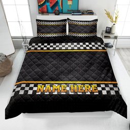 Personalized Racing Quilt Bedding Set, Checkered Flag Quilt Blanket & Pillowcases, Custom Name Duvet Cover Set, Gift for Racer, Dad, Husband, Son