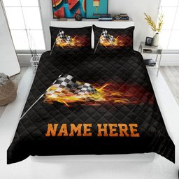 Personalized Racing Quilt Bedding Set, Checkered Flag Quilt Blanket & Pillowcases, Custom Name Duvet Cover Set, Gift for Racer, Dad, Husband, Son