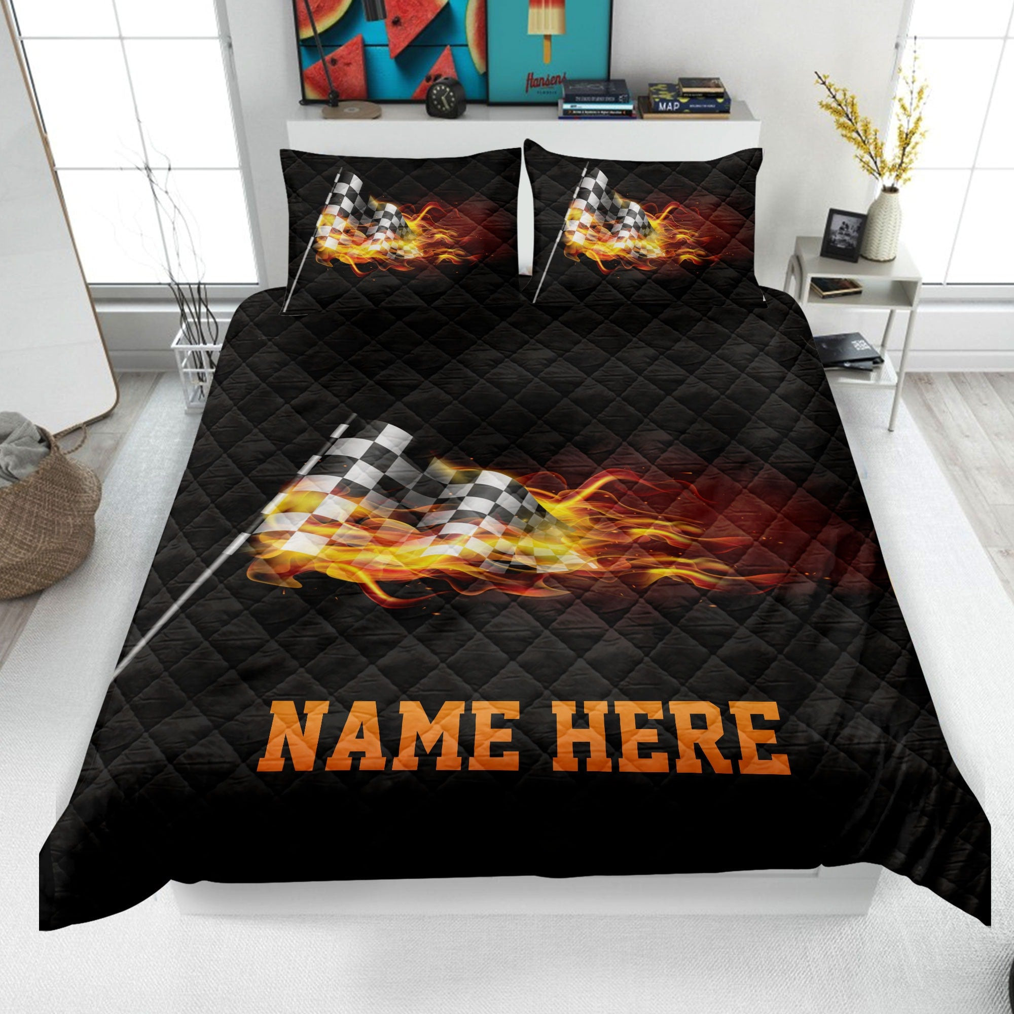 Personalized Racing Quilt Bedding Set, Checkered Flag Quilt Blanket & Pillowcases, Custom Name Duvet Cover Set, Gift for Racer, Dad, Husband, Son