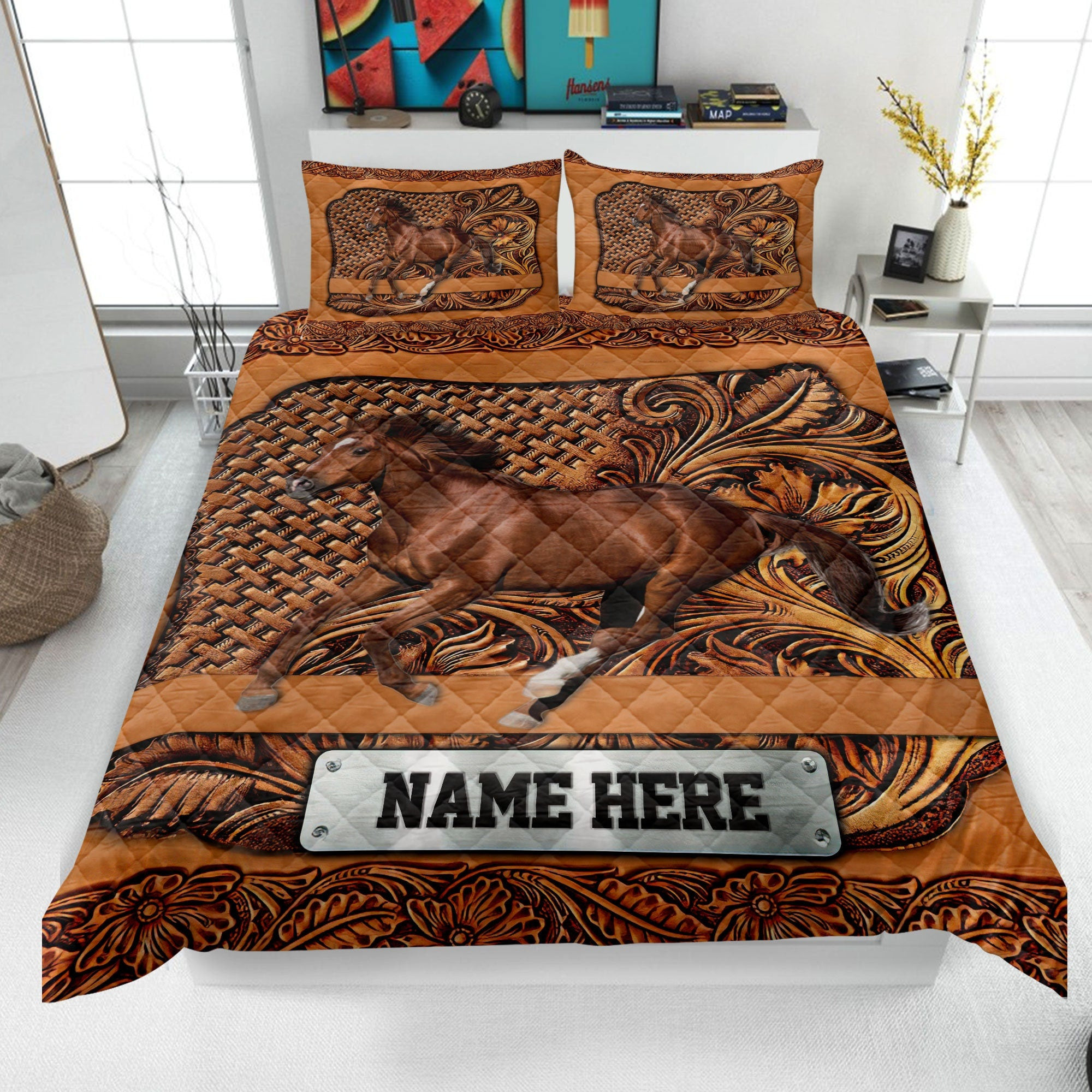 Personalized Horse Quilt Bedding Set, Horse Floral Quilt Blanket & Pillowcases, Custom Name Duvet Cover Set, Horse Bedspread, Gift for Horse Lover