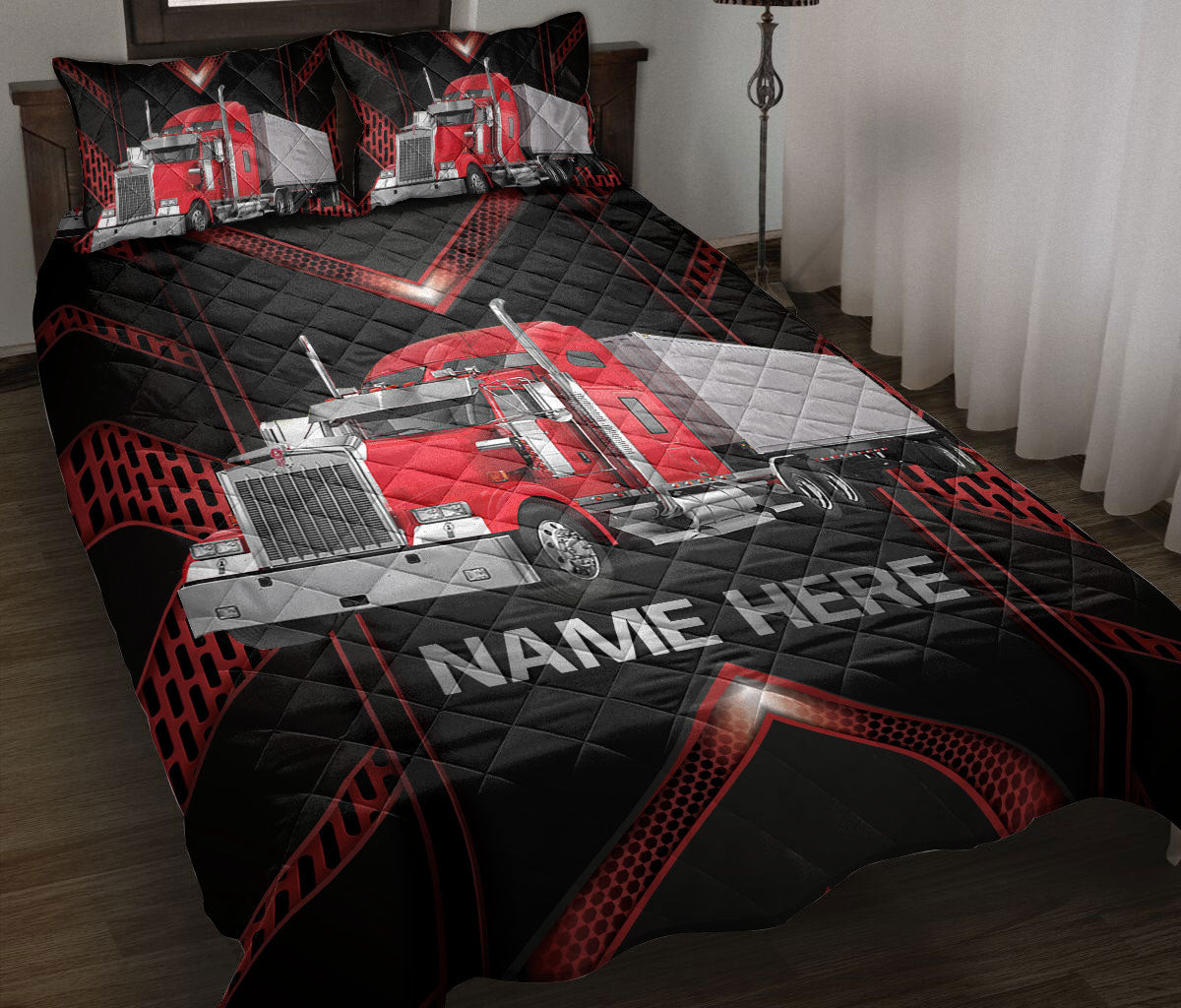 Personalized Trucker Quilt Bedding Set, Red Truck Carbon Trucker Driver Quilt Blanket With Pillowcases, Custom Name Duvet Cover Set