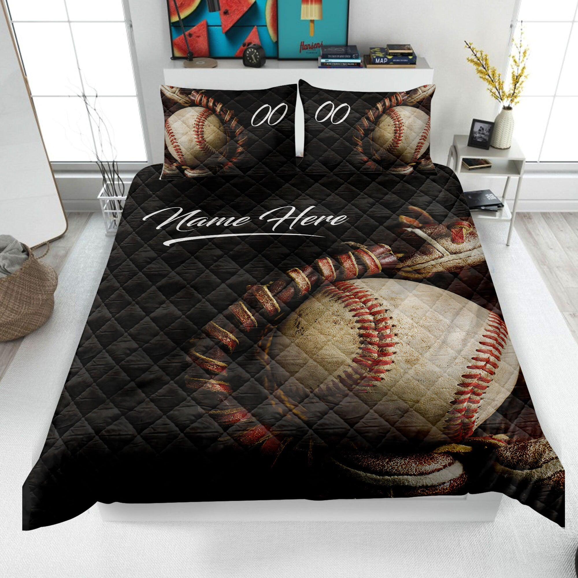Personalized Baseball Quilt Bedding Set, Ball and Glove Quilt Blanket & Pillowcase, Custom Name Duvet Cover Set, Gift for Dad, Husband, Son, Kid
