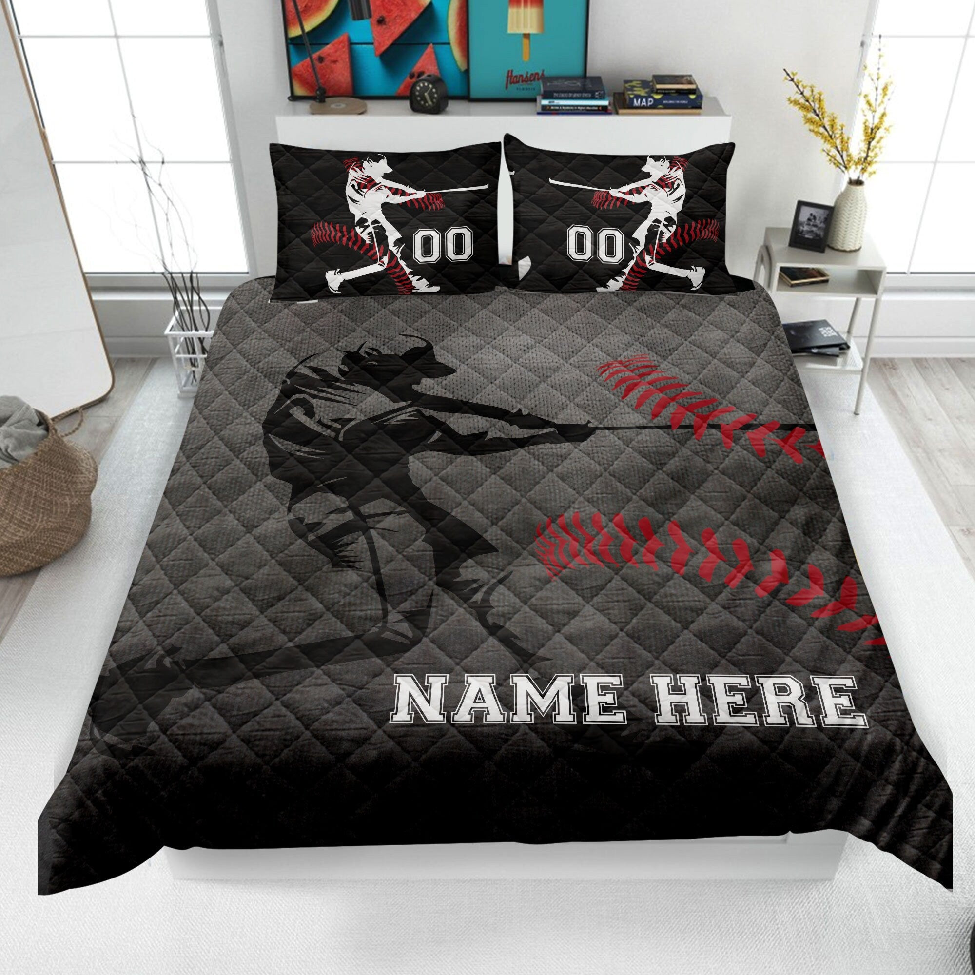 Personalized Baseball Quilt Bedding Set, Baseball Player Quilt Blanket & Pillowcases, Custom Name Duvet Cover Set, Gift for Dad, Husband, Son