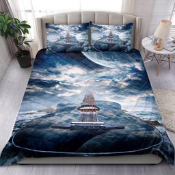 Personalized Guitar Quilt Bedding Set, Aco Ustic Guitar Guitarist MusicTheme Blue Sky Quilt Blanket With Pillowcases, Duvet Cover Set