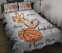 Personalized Basketball Quilt Bedding Set, Peace Love Basketball Grey Quilt Blanket With Pillowcases, Custom Name Duvet Cover Set