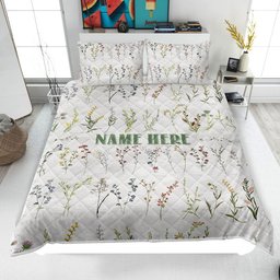 Personalized Wildflower Quilt Bedding Set, Floral Quilt Blanket & Pillowcases, Custom Name Duvet Cover Set, Bedspread, Gift for Grandma, Mom, Her