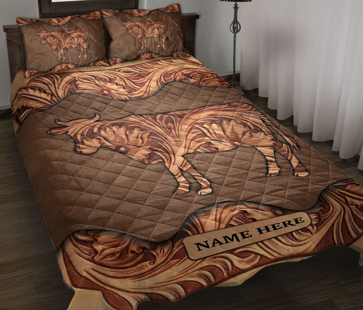 Personalized Cow Quilt Bedding Set, Wood Cow Sculptures Quilt Blanket With Pillowcases, Custom Name Duvet Cover Set
