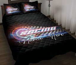 Personalized Racing Quilt Bedding Set, Racing Checkered Flag Racing Speed Quilt Blanket With Pillowcases, Custom Name Duvet Cover Set