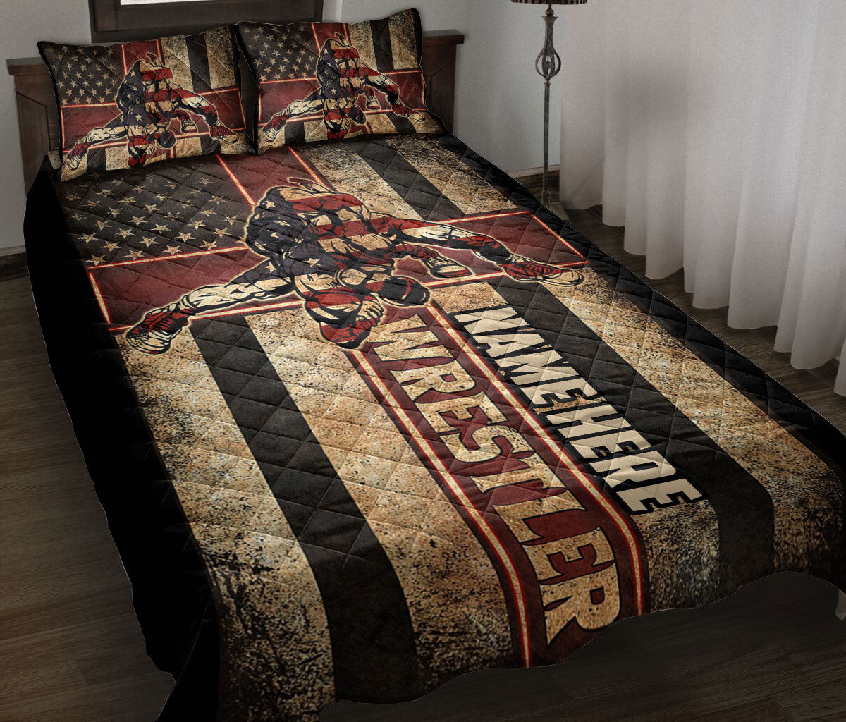 Personalized Wrestling Quilt Bedding Set, Wrestling Wrestler Cross Quilt Blanket With Pillowcases, Custom Name Duvet Cover Set