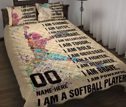 Personalized Softball Quilt Bedding Set, I Am Strong I Am A Softball Player Beige Quilt Blanket With Pillowcases, Duvet Cover Set