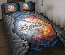 Personalized Baseball Quilt Bedding Set, Baseball Water & Fire Quilt Blanket With Pillowcases, Custom Name Duvet Cover Set, Sports Gifts