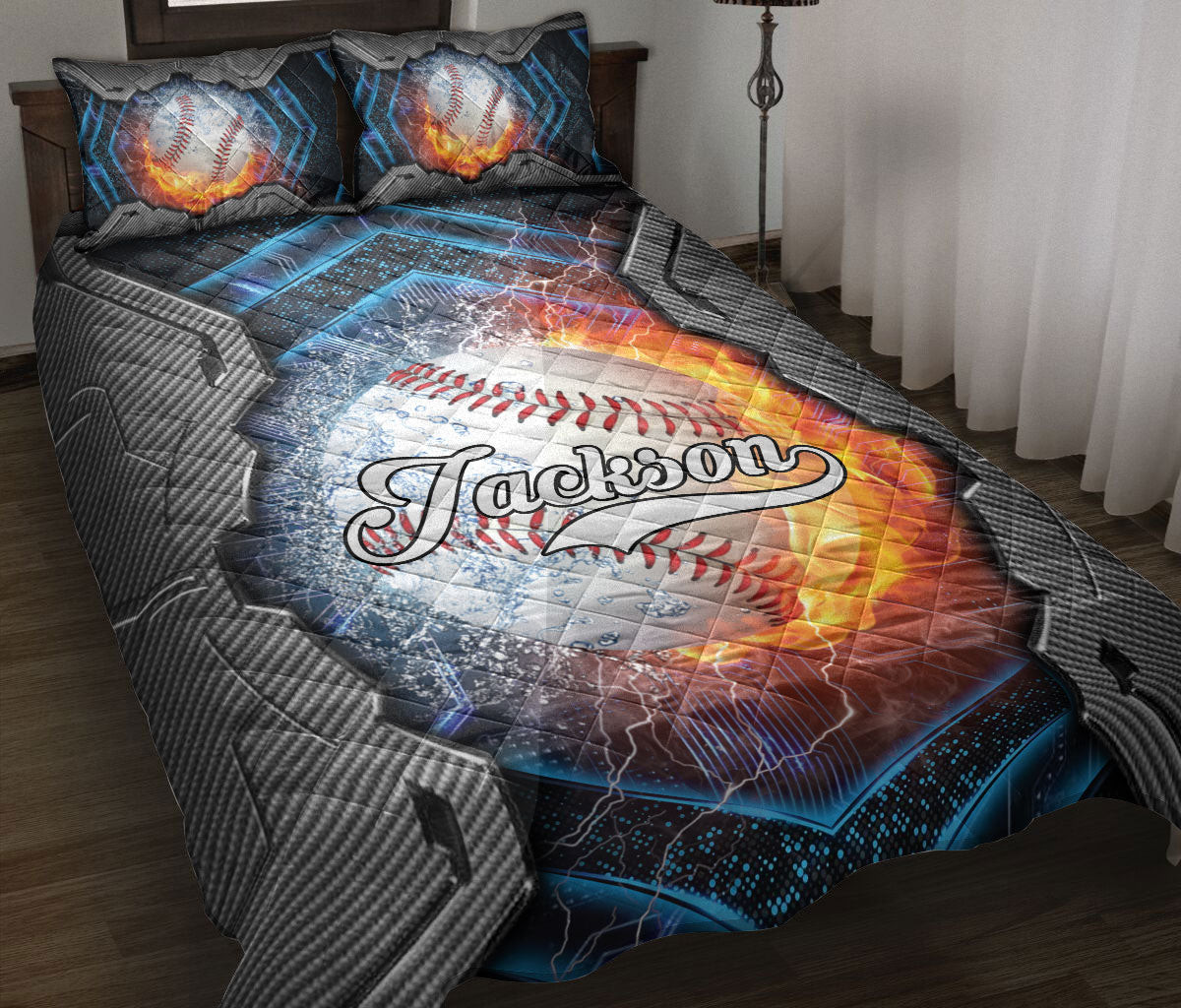 Personalized Baseball Quilt Bedding Set, Baseball Water & Fire Quilt Blanket With Pillowcases, Custom Name Duvet Cover Set, Sports Gifts