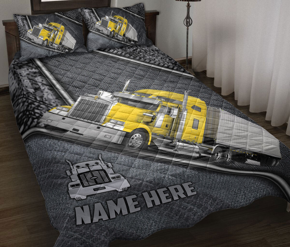 Personalized Trucker Quilt Bedding Set, Yellow Truck Gray Trucker Driver Quilt Blanket With Pillowcases, Custom Name Duvet Cover Set