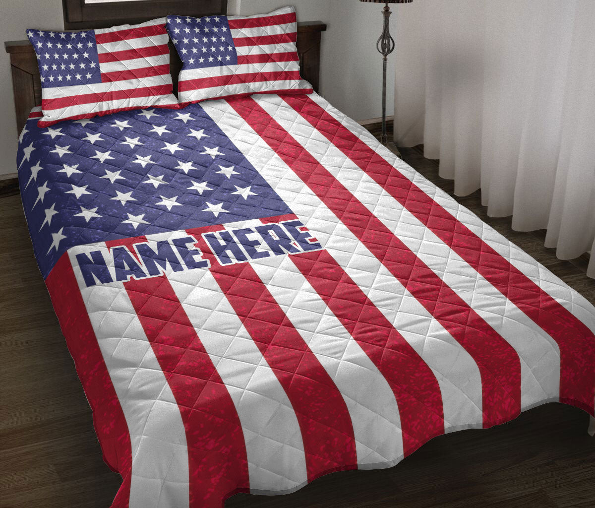Personalized Quilt Bedding Set, American National Flag United States USPatriotic Quilt Blanket With Pillowcases, Custom Name Duvet Cover Set