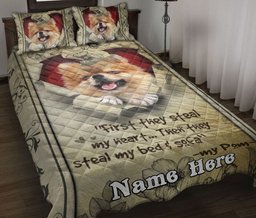 Personalized Pomeranian Quilt Bedding Set, Pomeranian Dog They Steal My Heart Floral Beige Quilt Blanket With Pillowcases, Duvet Cover Set