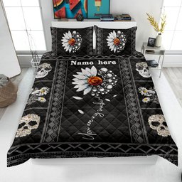 Personalized Skull Quilt Bedding Set, Skull Daisy Quilt Blanket & Pillowcase, Custom Name Duvet Cover Set, Skull Bedspread, Gift for Skull Lover