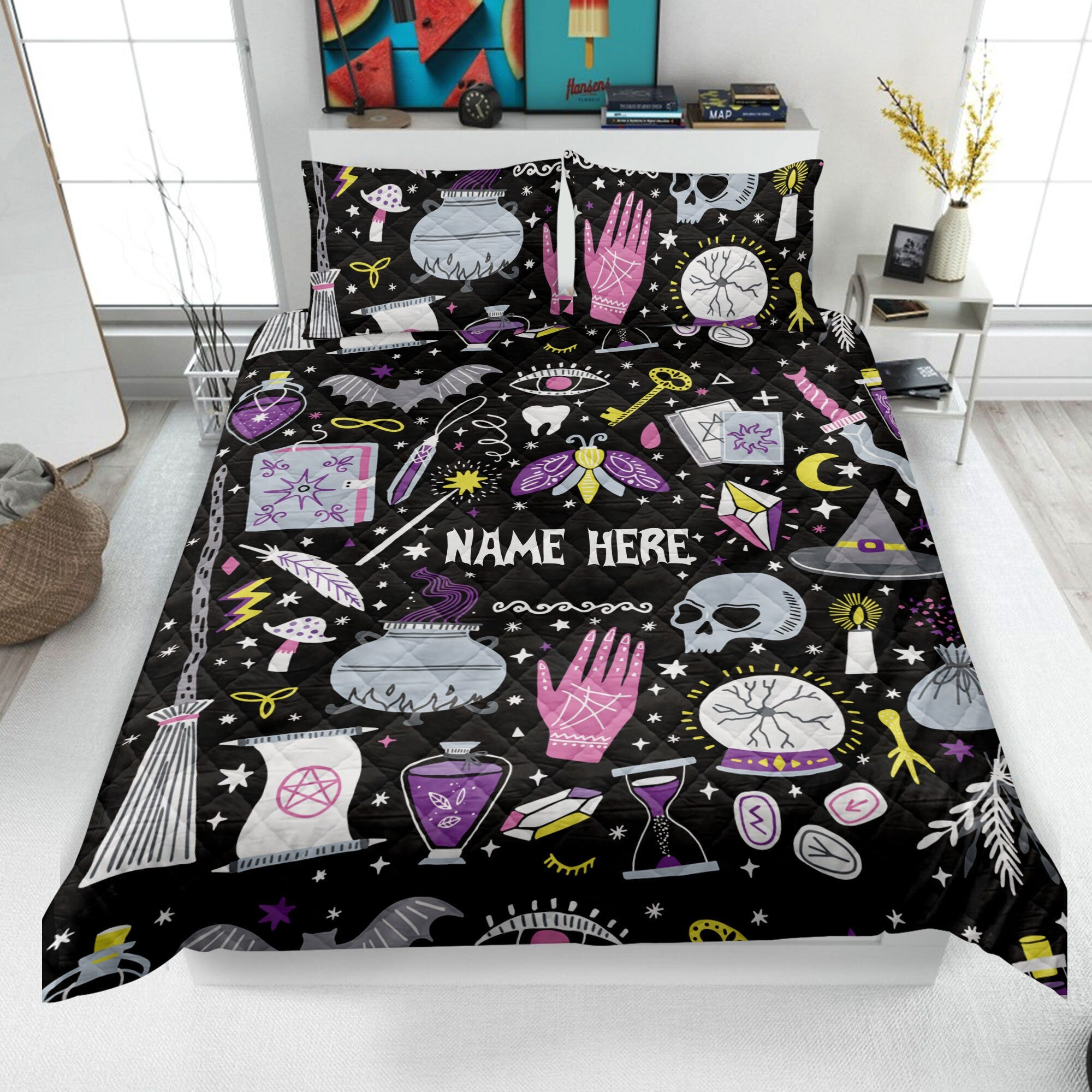 Personalized Witch Quilt Bedding Set, Witch Things Quilt Blanket & Pillowcase, Custom Name Duvet Cover Set, Bedspread, Witchy Gift, Halloween Gift