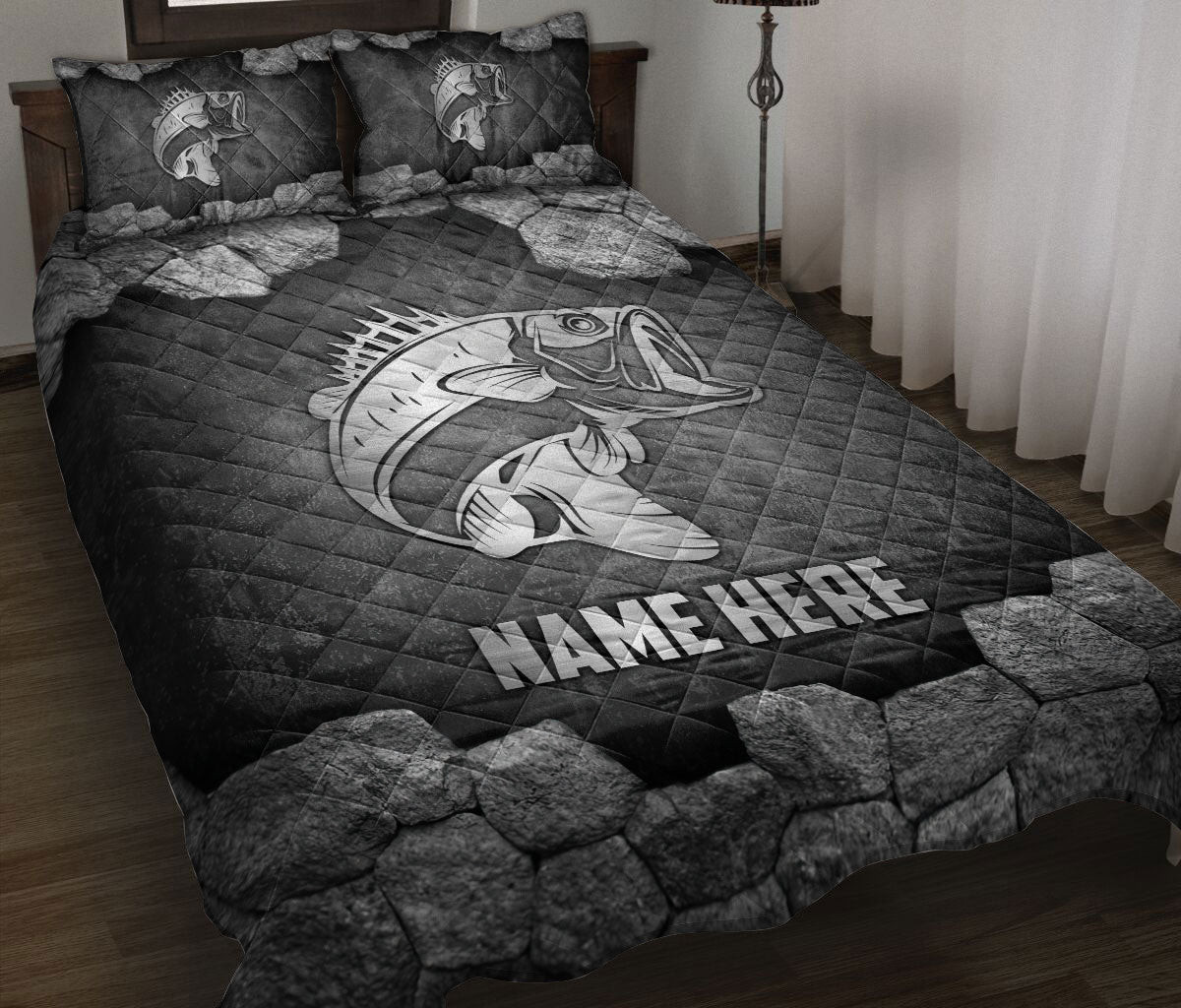 Personalized Fishing Quilt Bedding Set, Fishing Stone Silver Quilt Blanket With Pillowcases, Custom Name Duvet Cover Set