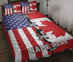 Personalized Canadian Quilt Bedding Set, Canadian US Flag Canada Flag Maple Leaf Quilt Blanket With Pillowcases, Custom Name Duvet Cover Set