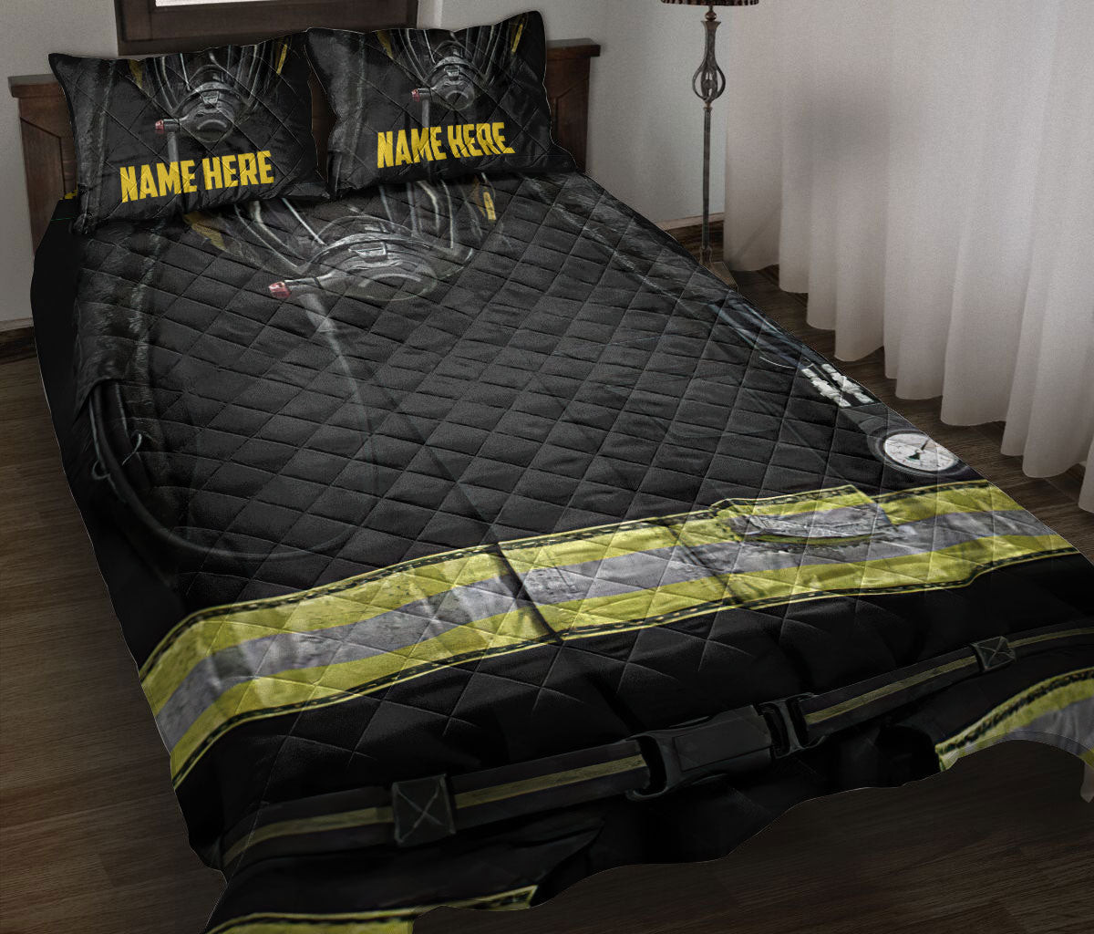 Personalized Firefighter Quilt Bedding Set, Black Firefighter Uniform Quilt Blanket With Pillowcases, Custom Name Duvet Cover Set