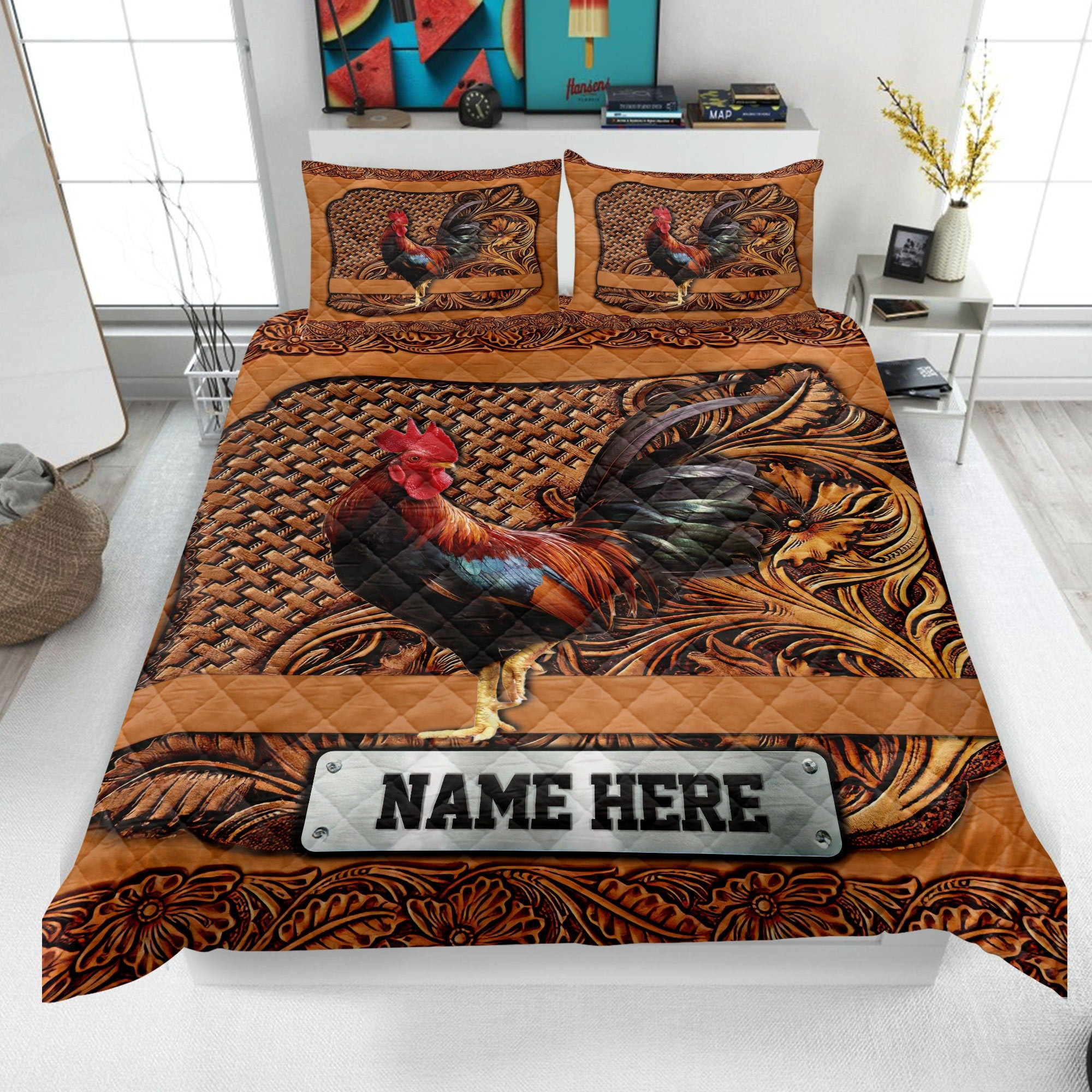 Personalized Chicken Quilt Bedding Set, Rooster Floral Quilt Blanket & Pillowcase, Custom Name Duvet Cover Set, Bedspread, Gift for Chicken Lover