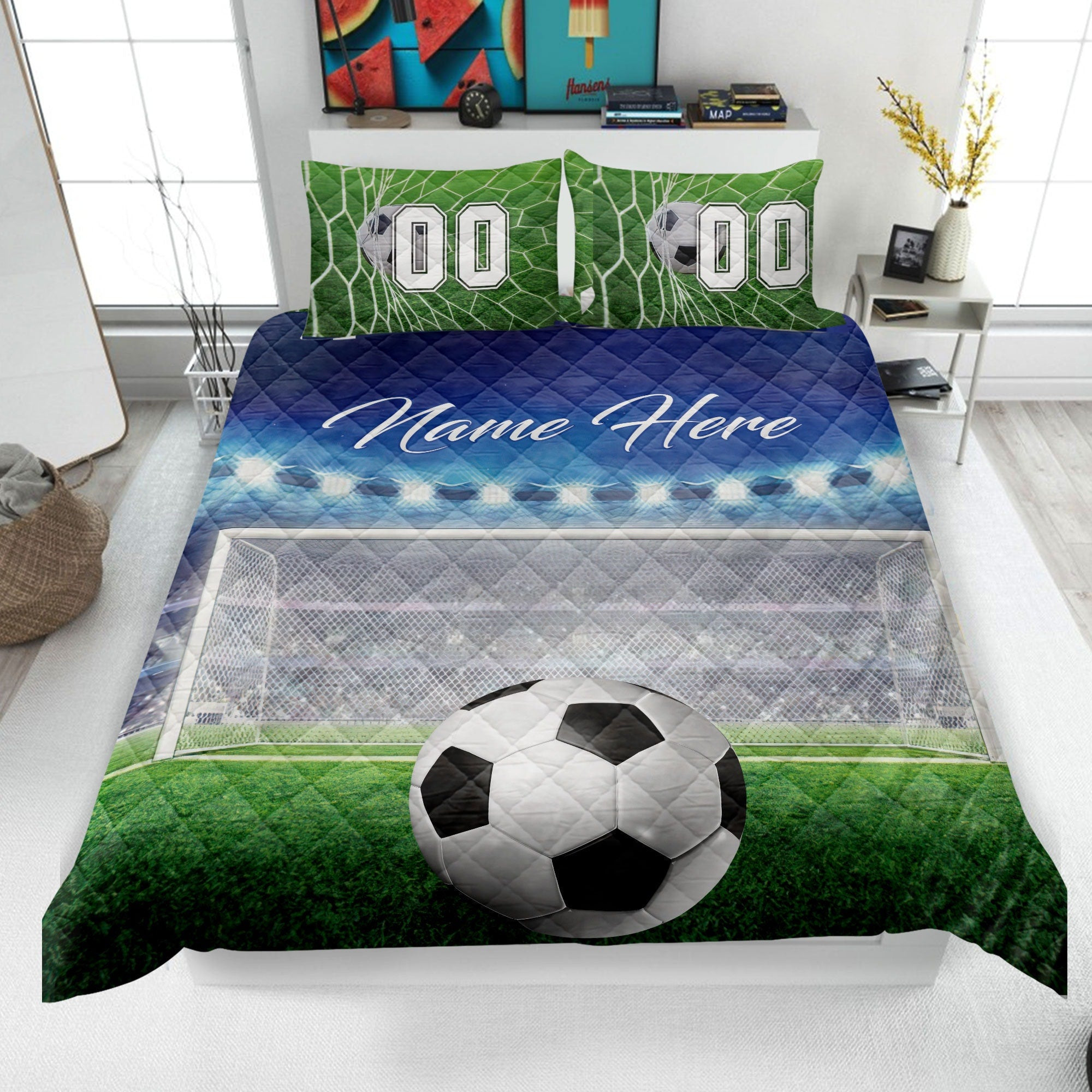 Personalized Soccer Quilt Bedding Set, Soccer Quilt Blanket & Pillowcases, Custom Name Duvet Cover Set, Bedspread, Gift for Dad, Husband, Son, Kid