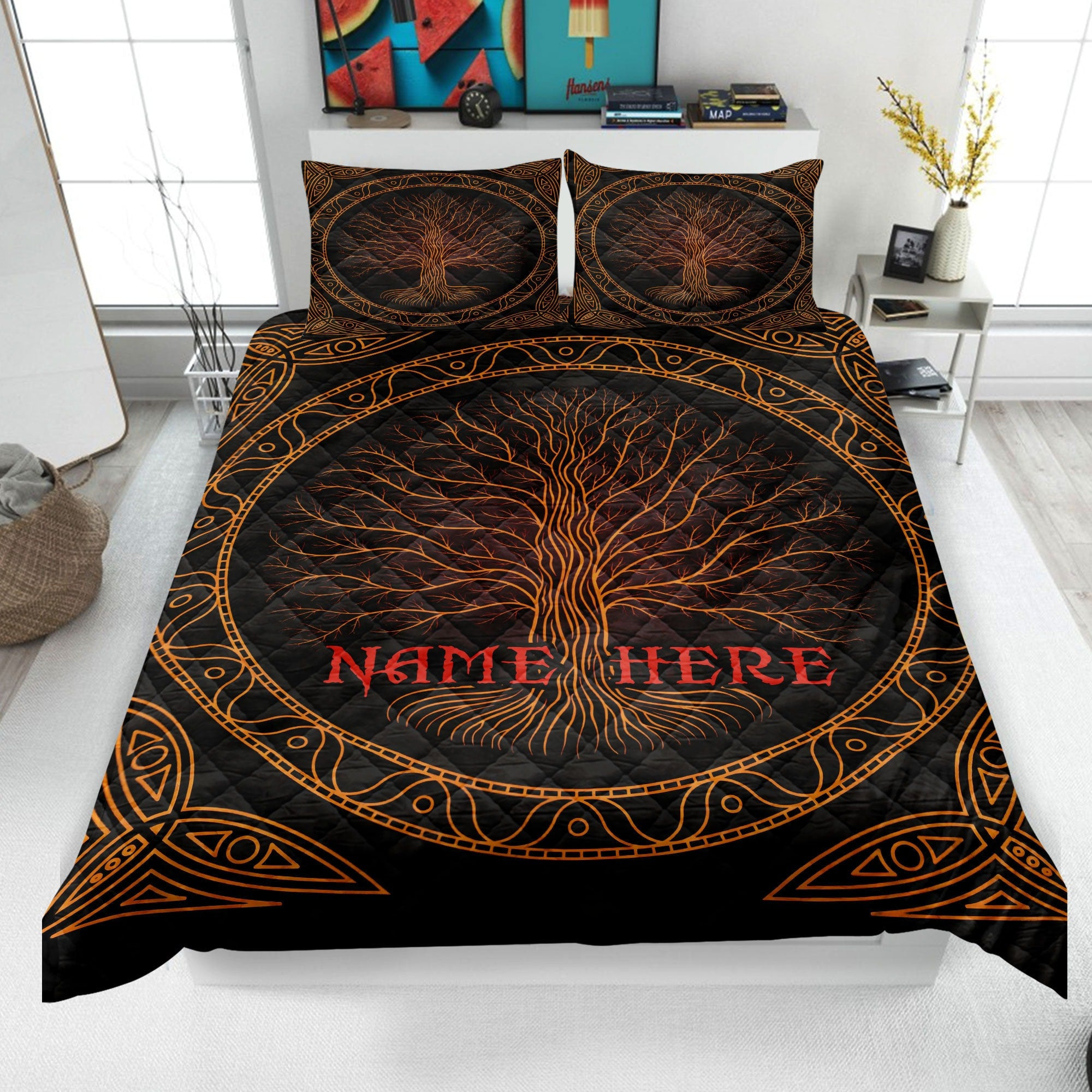 Personalized Viking Quilt Bedding Set, Tree of Life Quilt Blanket & Pillowcases, Custom Name Duvet Cover Set, Viking Gift for Dad, Husband, Son