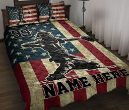 Personalized Baseball Quilt Bedding Set, Baseball Player Catcher US Flag Quilt Blanket With Pillowcases, Custom Name Duvet Cover Set, Sports Gifts