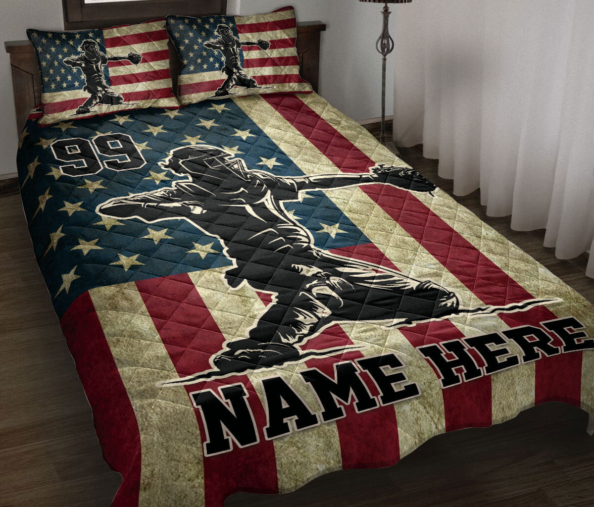 Personalized Baseball Quilt Bedding Set, Baseball Player Catcher US Flag Quilt Blanket With Pillowcases, Custom Name Duvet Cover Set, Sports Gifts