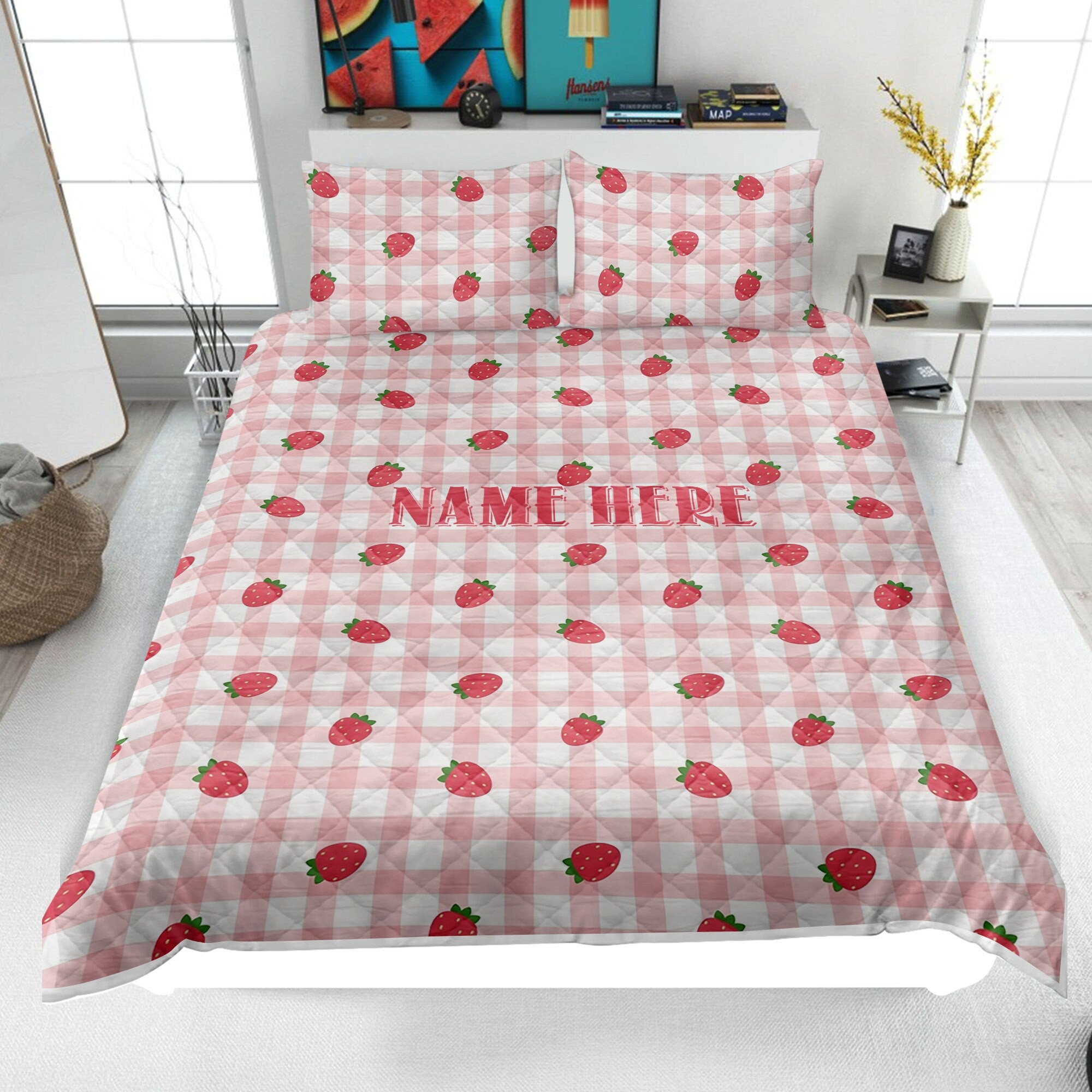 Personalized Strawberry Quilt Bedding Set, Strawberry Quilt Blanket & Pillowcases, Custom Name Duvet Cover Set, Bedspread, Gift for Daughter, Girl