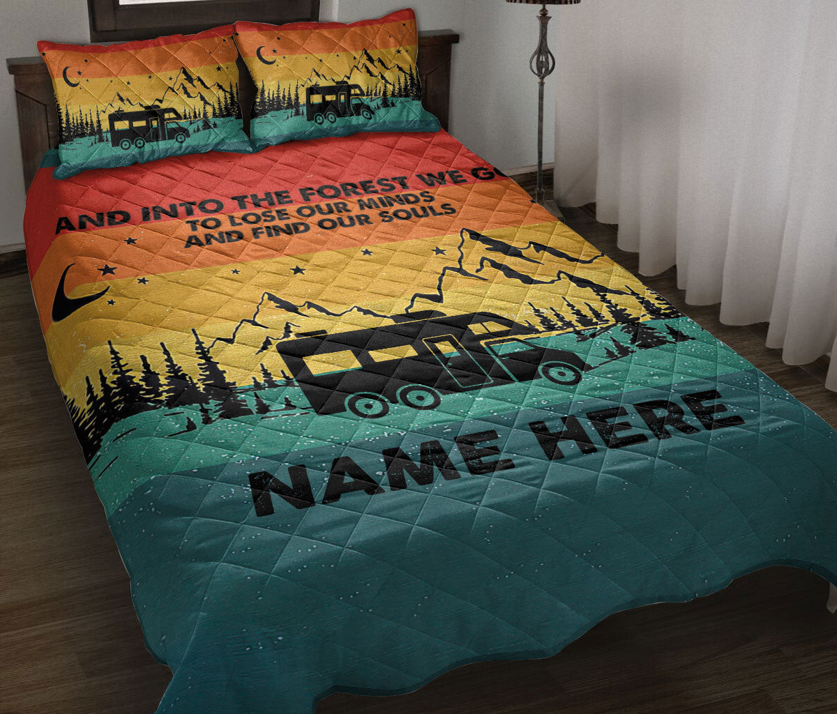 Personalized Camping Quilt Bedding Set, Vintage Sunset Camping Class C Quilt Blanket With Pillowcases, Custom Name Duvet Cover Set