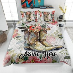 Personalized Cowboy Quilt Bedding Set, Cowboy Boot Flower Quilt Blanket & Pillowcase, Custom Duvet Cover Set, Western Gift for Cowboy, Cowgirl