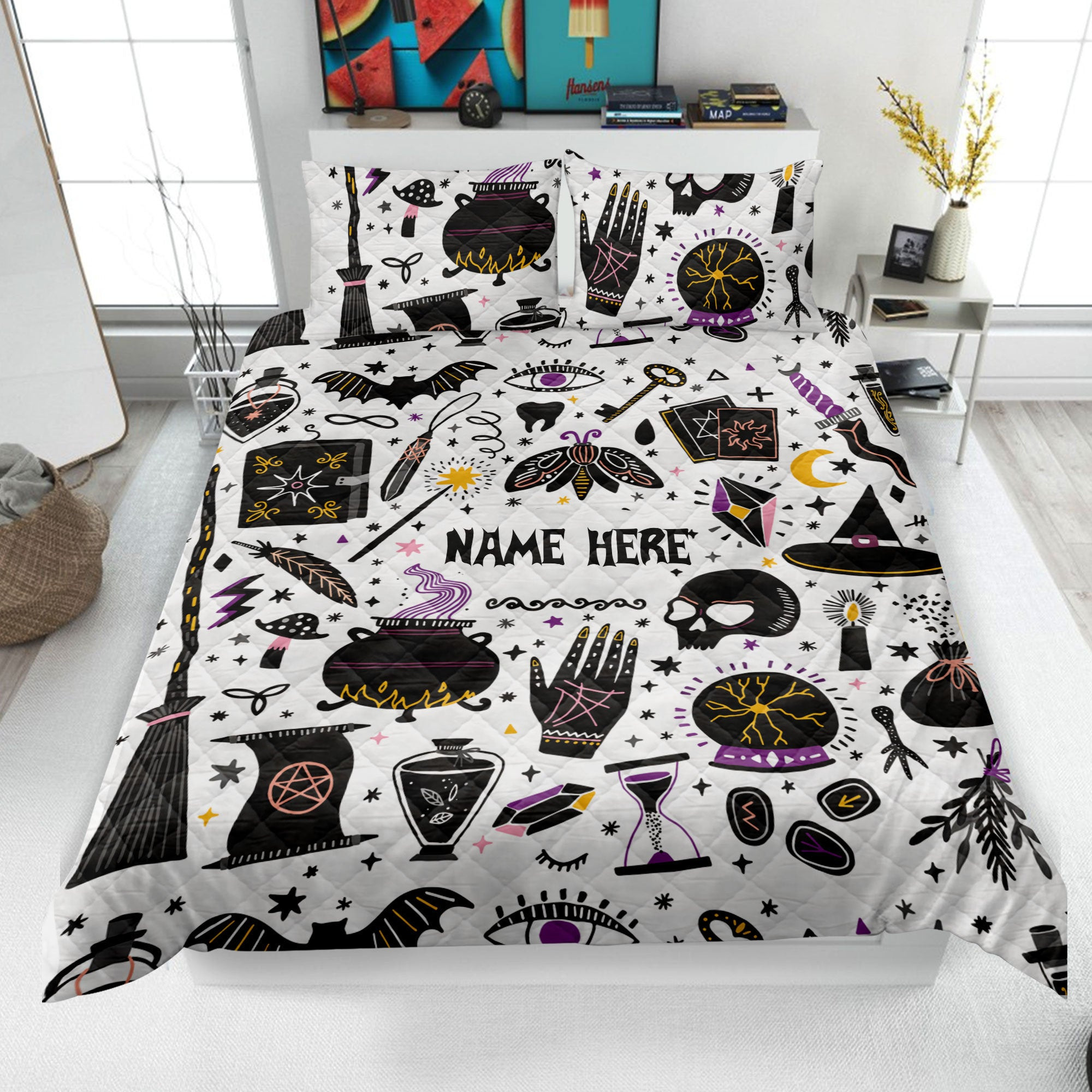 Personalized Witch Quilt Bedding Set, Witch Things Quilt Blanket & Pillowcase, Custom Name Duvet Cover Set, Bedspread, Witchy Gift, Halloween Gift