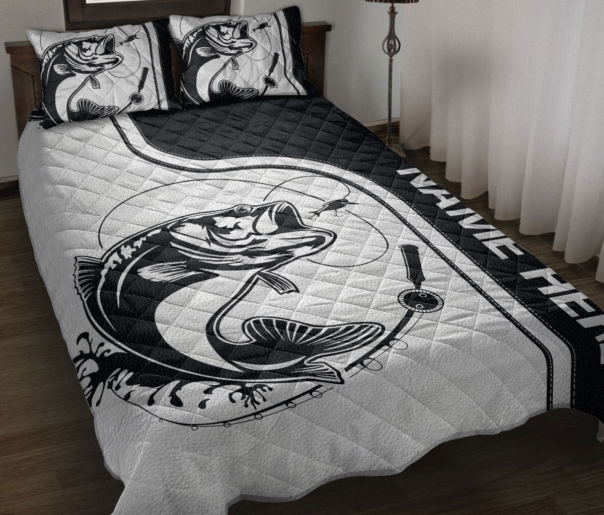 Personalized Fishing Quilt Bedding Set, Fishing Bass Fish B & W Quilt Blanket With Pillowcases, Custom Name Duvet Cover Set