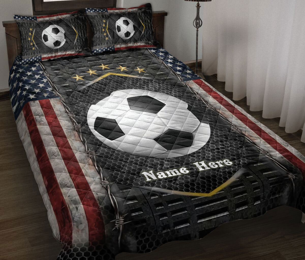 Personalized Soccer Quilt Bedding Set, Soccer US Flag Quilt Blanket With Pillowcases, Custom Name Duvet Cover Set
