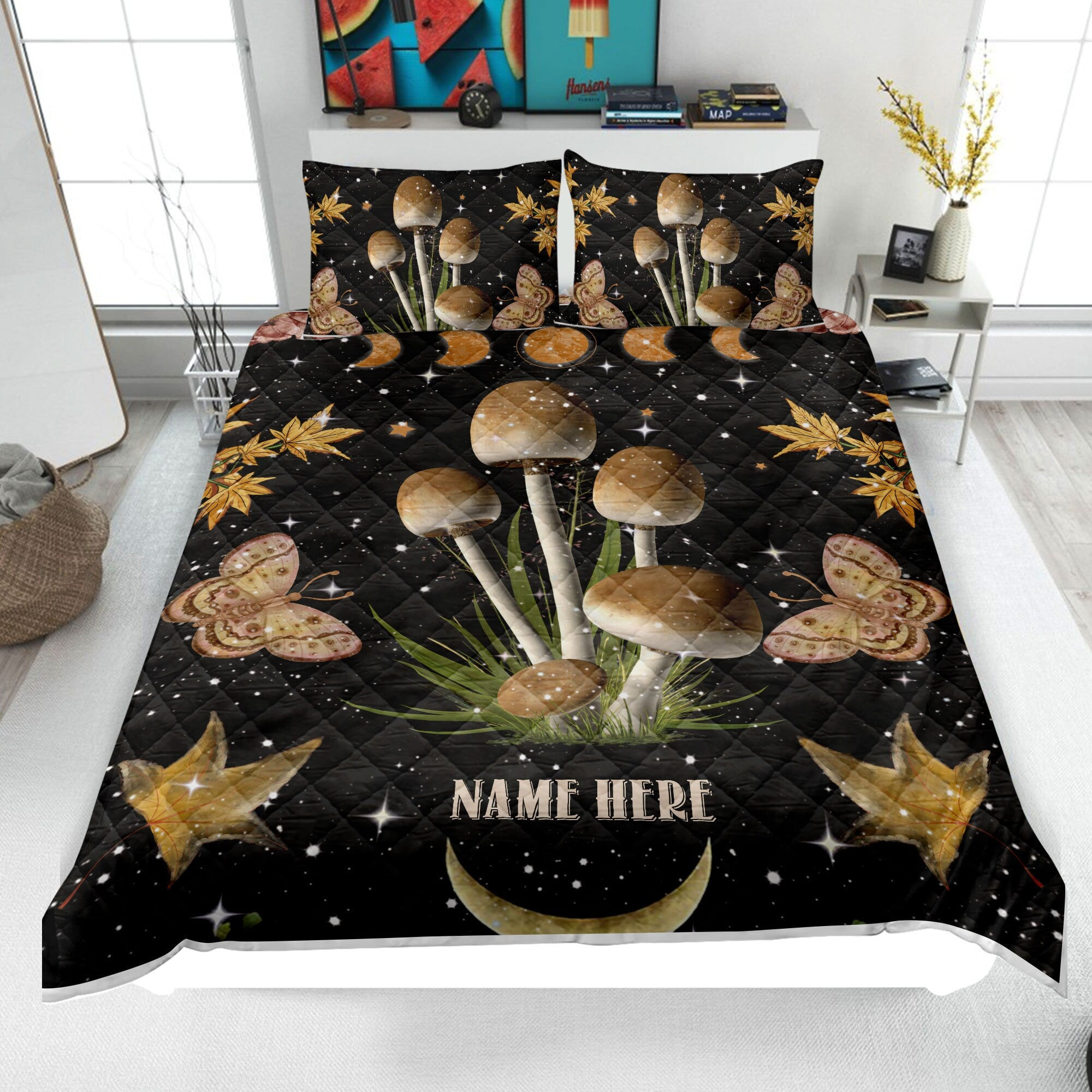 Personalized Mushroom Quilt Bedding Set, Moon Phase Quilt Blanket & Pillowcases, Custom Name Duvet Cover Set, Bedspread, Gift for Mushroom Lover