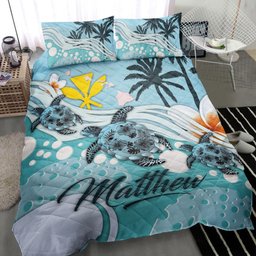 Personalized Turtle Quilt Bedding Set, Hawaii Summer Vibes Sea Turtle Ocean Beach Quilt Blanket With Pillowcases, Custom Name Duvet Cover Set