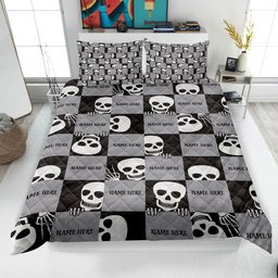 Personalized Skeleton Quilt Bedding Set, Funny Skeleton Quilt Blanket & Pillowcase, Custom Name Duvet Cover Set, Bedspread, Halloween Gothic Gift