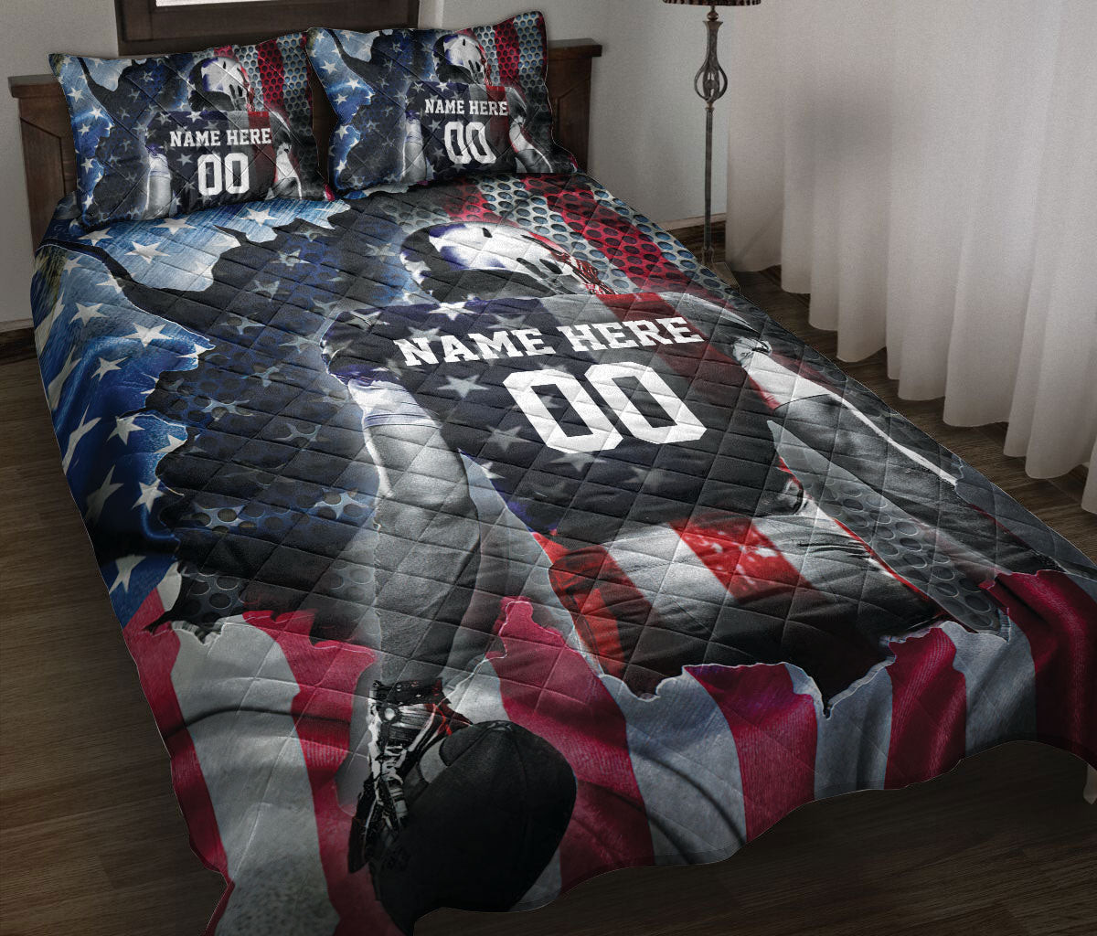 Personalized Football Quilt Bedding Set, American Football Player US Flag Quilt Blanket With Pillowcases, Duvet Cover Set