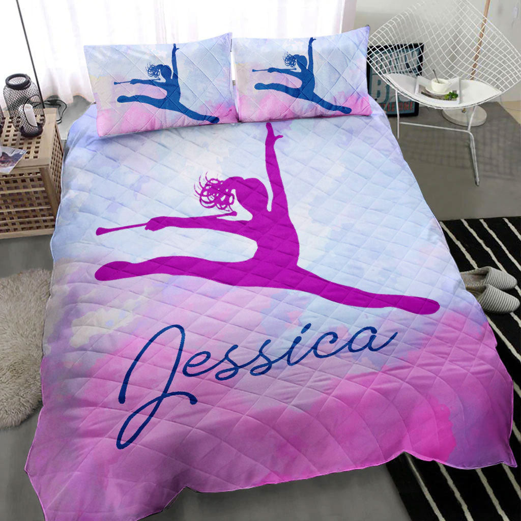 Personalized Baton Twirling Quilt Bedding Set, Baton Twirler Twirling Pink Girl Athletes Quilt Blanket With Pillowcases, Duvet Cover Set